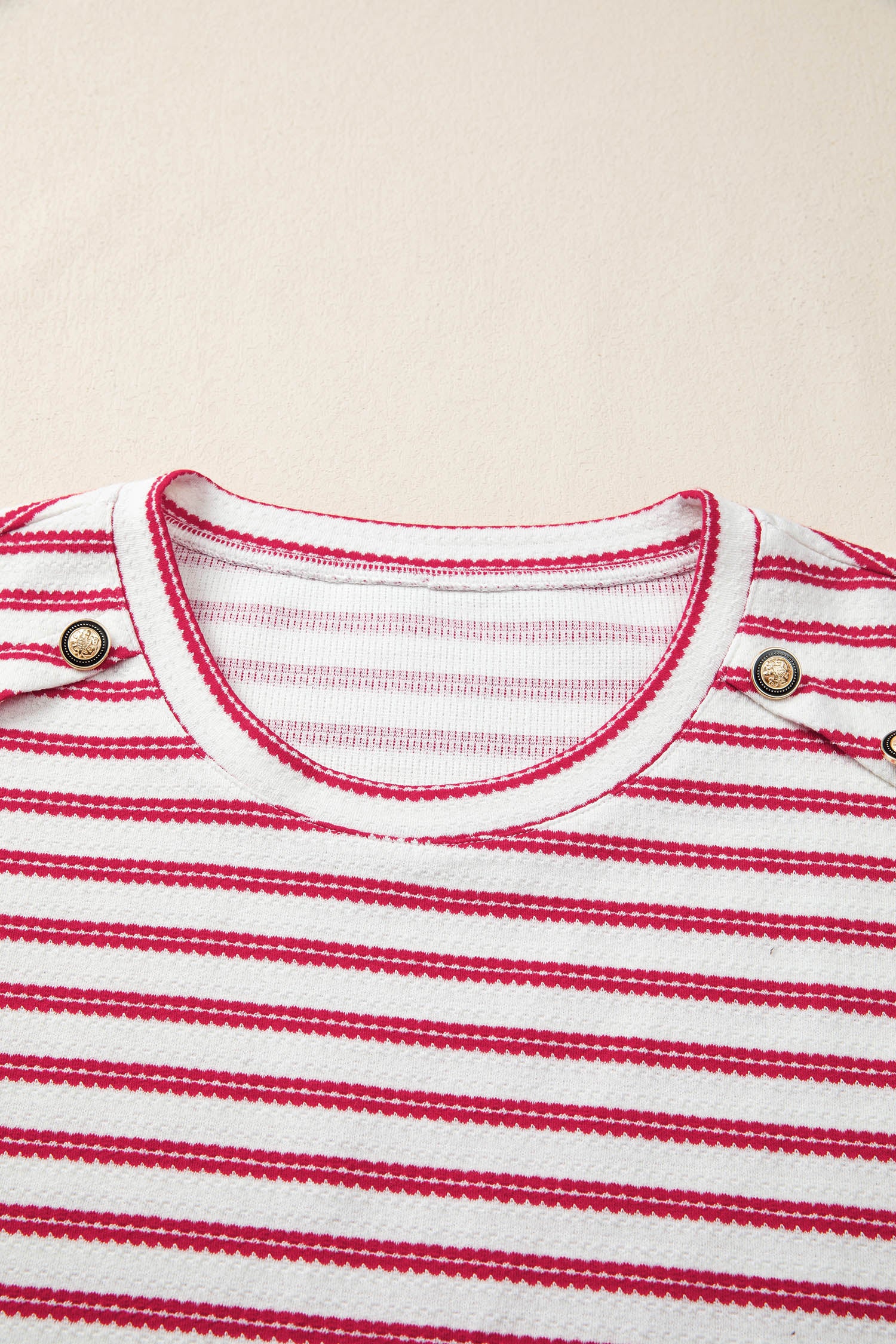 Stripe Textured Knit Button Detail Short Sleeve Casual Tee