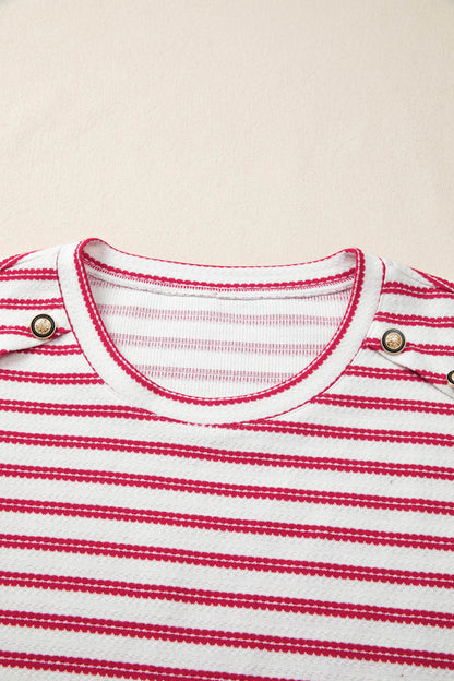 Stripe Textured Knit Button Detail Short Sleeve Casual Tee