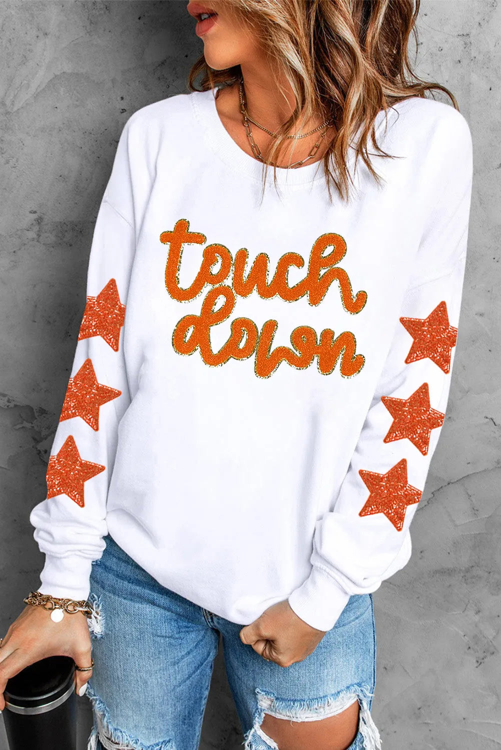 Letter &amp; Star Round Neck Long Sleeve Sweatshirt