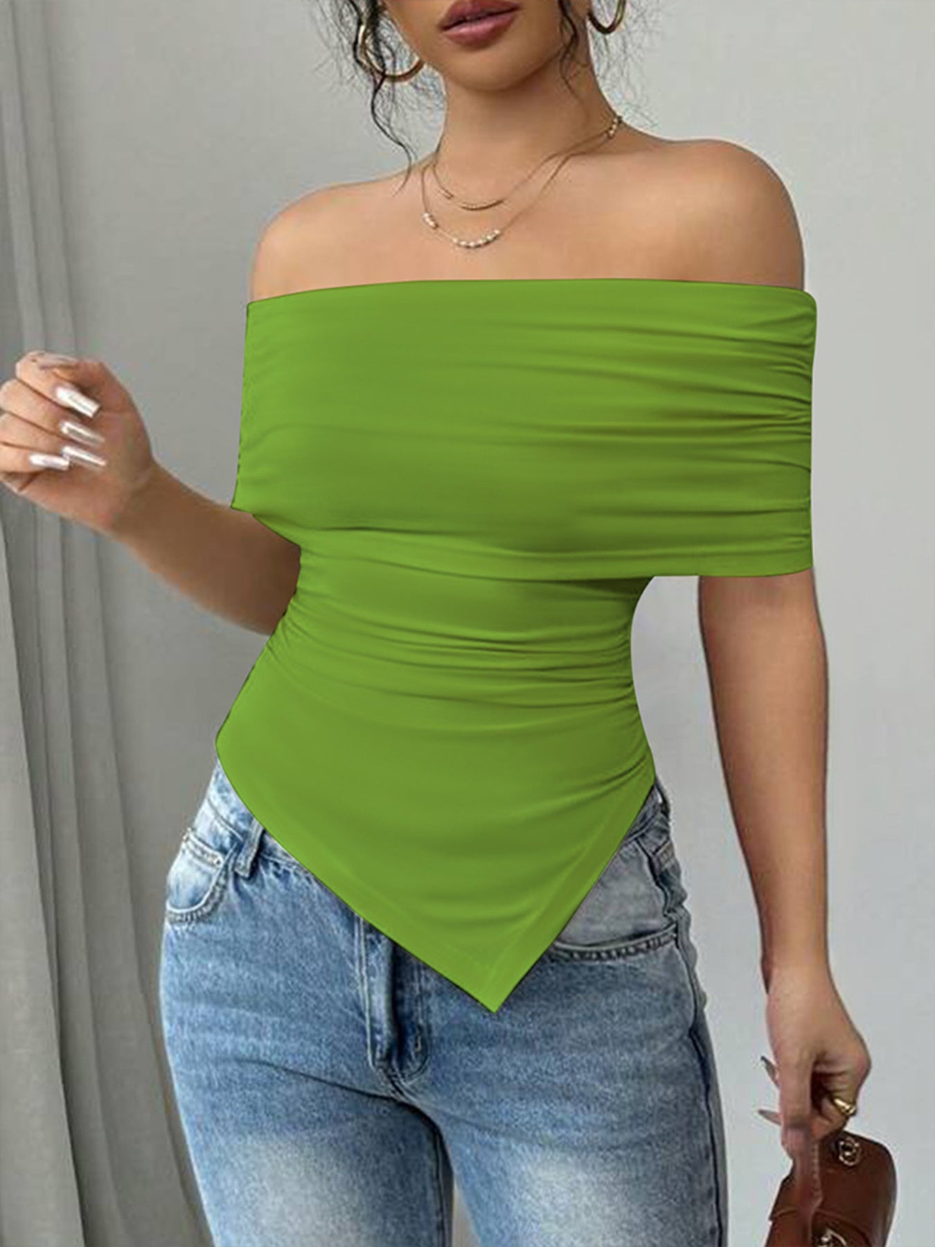 Off-Shoulder Ruched Asymmetrical Hem Top