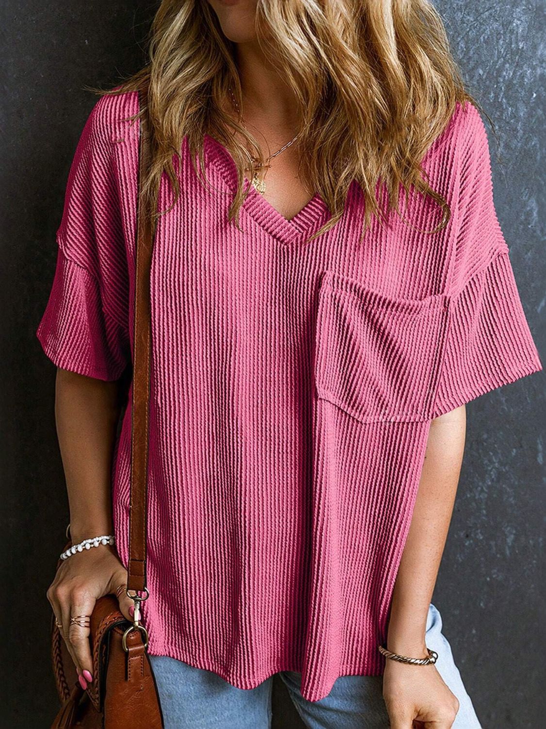 Textured V-Neck Half Sleeve T-Shirt