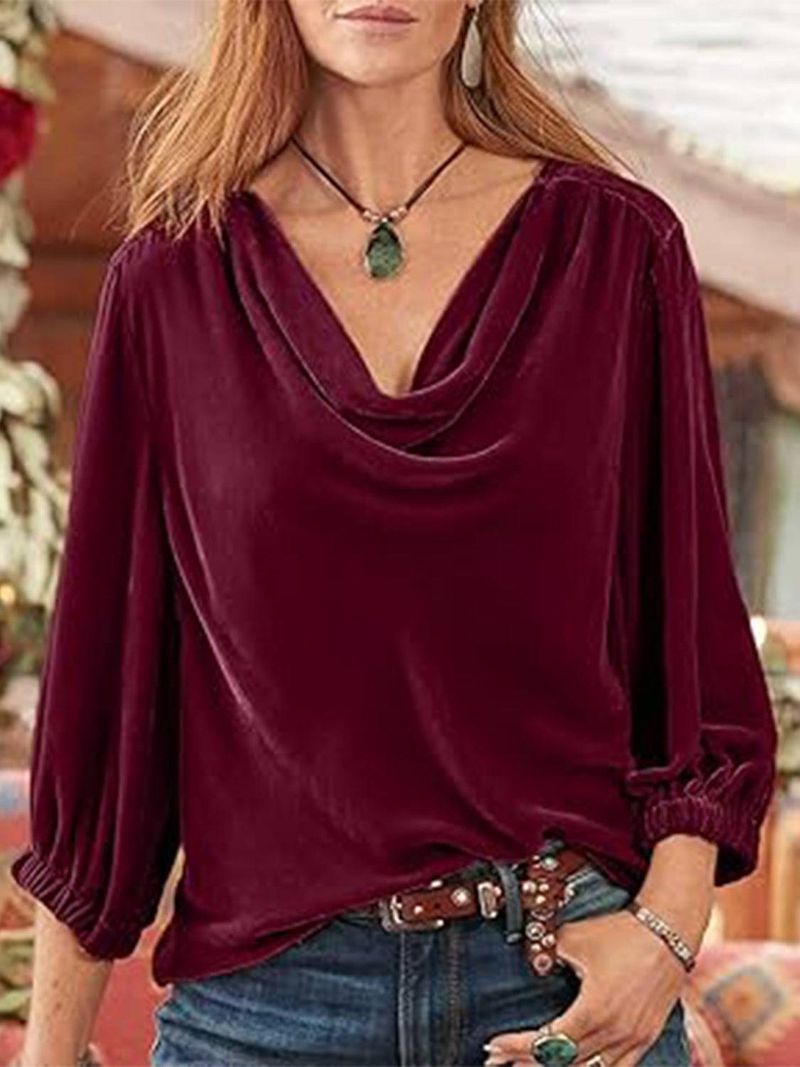 Burgundy cowl neck top with three-quarter sleeves