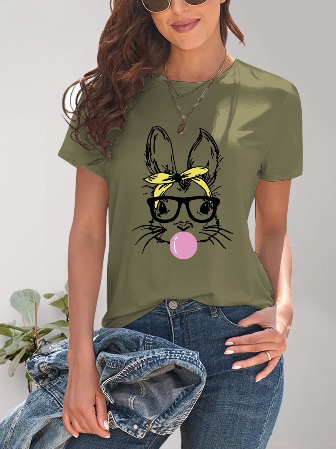 Rabbit Graphic Round Neck Short Sleeve T-Shirt