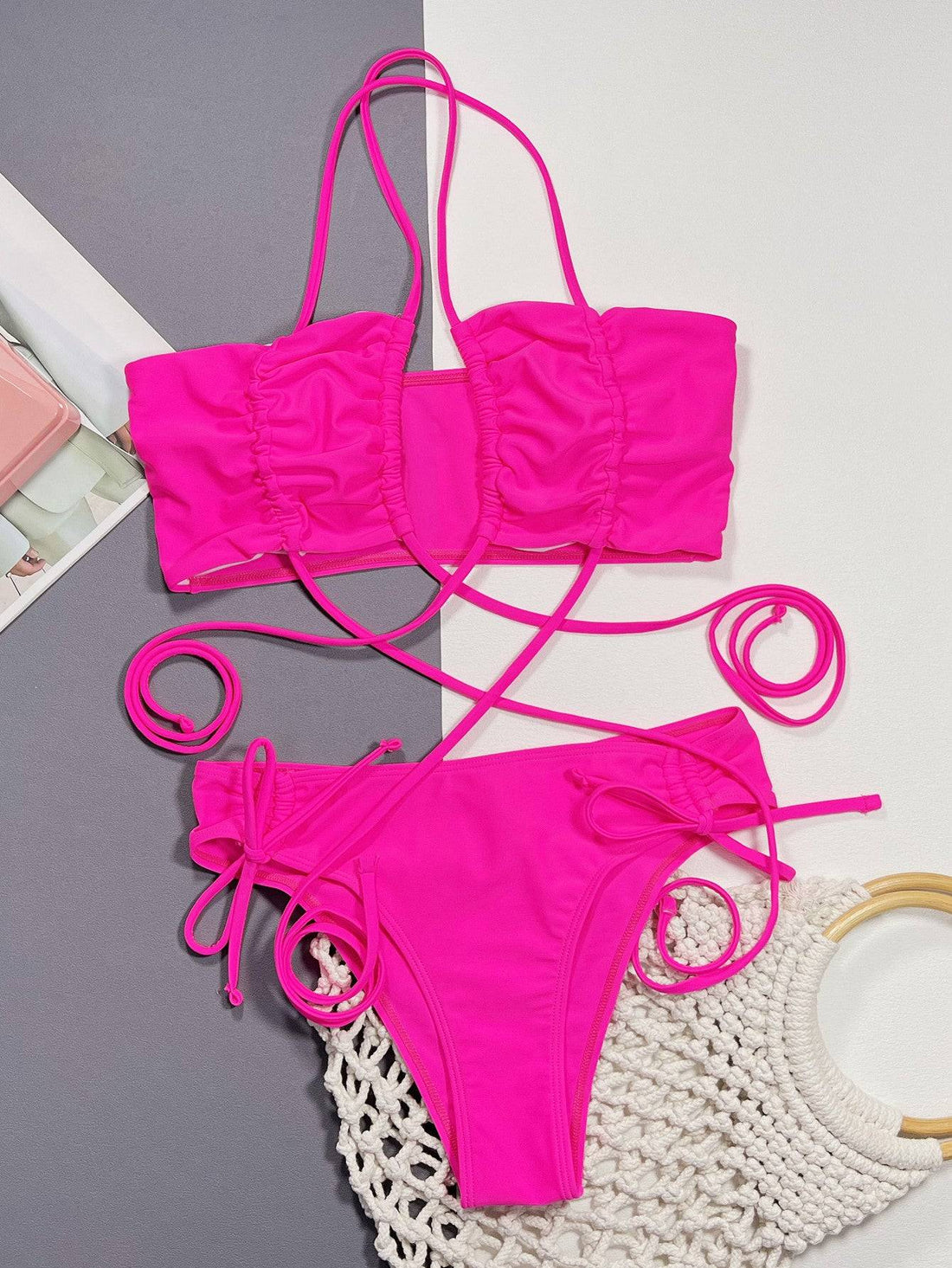 Front view of pink halter neck bikini set