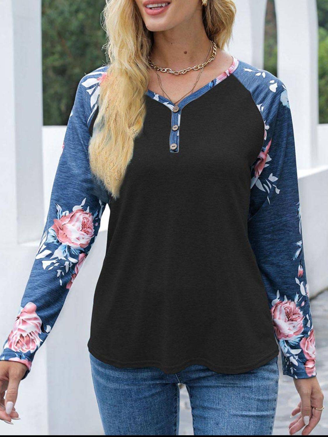 Black V-neck floral long sleeve T-shirt, front view