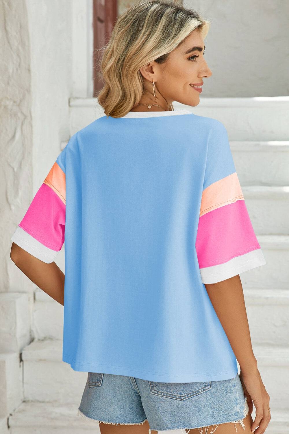 Back view of blue color block round neck t-shirt