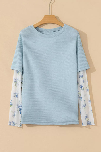 Floral Lace Sleeve Patchwork Waffle Fake Two-Piece Top