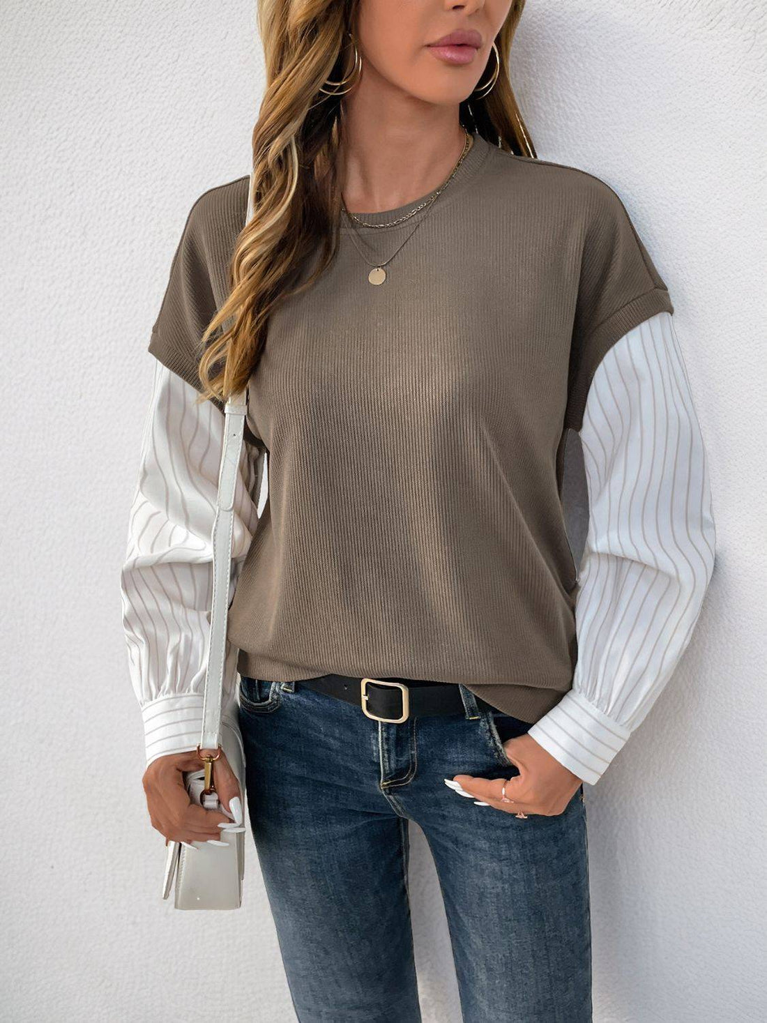 Perfee round neck sweatshirt with striped sleeves, front view