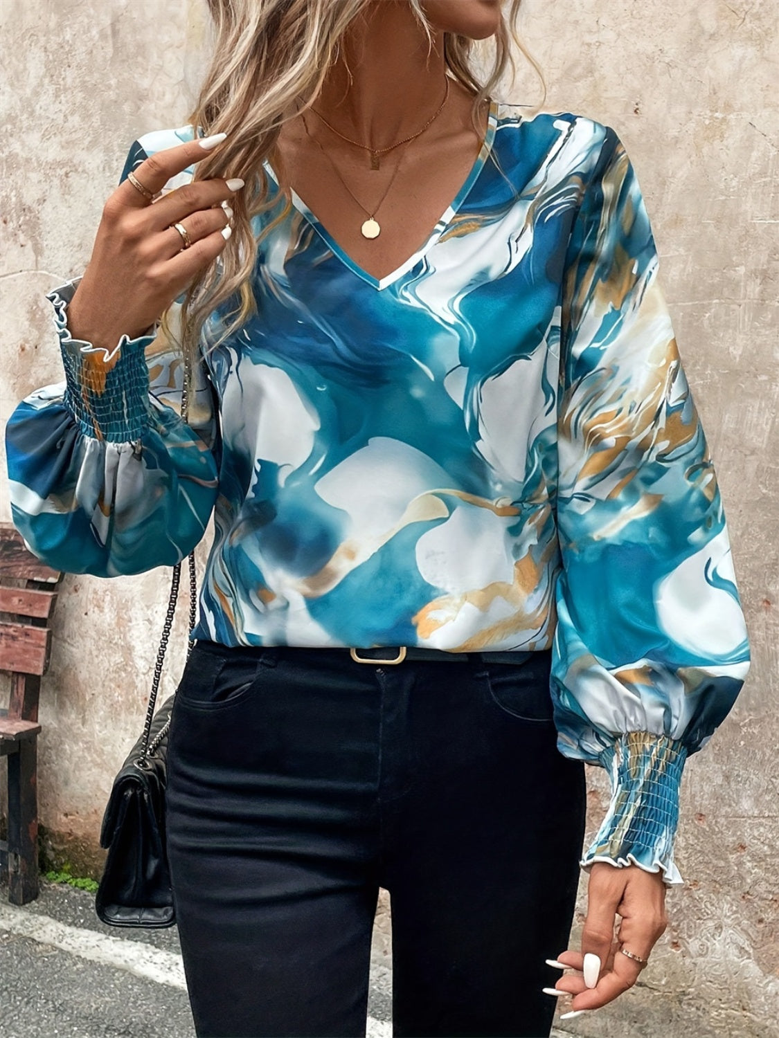 Tie-Dye V-Neck Long Sleeve Blouse