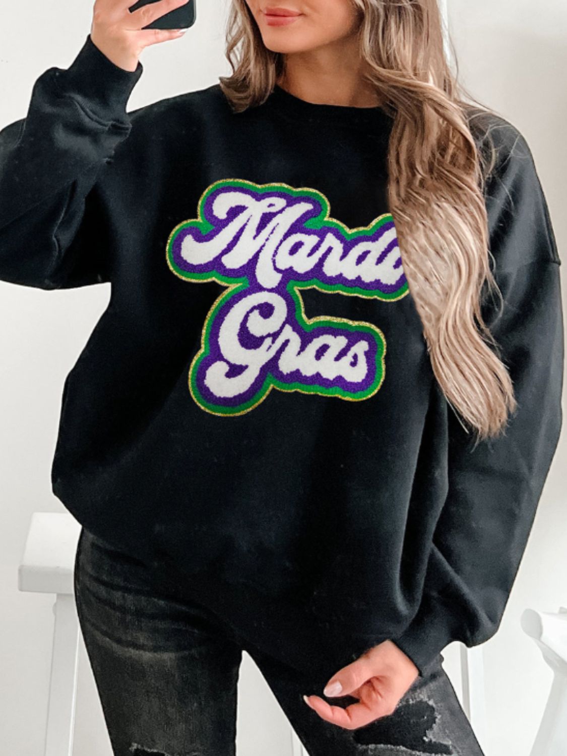 MARDI GRAS Round Neck Drop Shoulder Sweatshirt