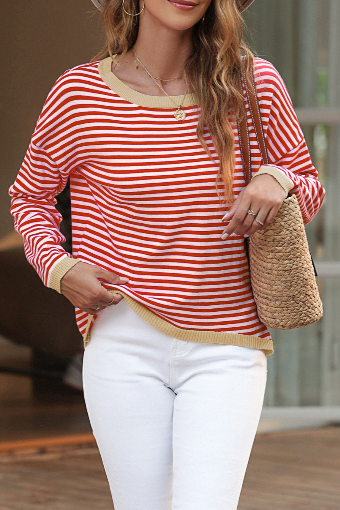 Striped Round Neck Drop Shoulder T-Shirt