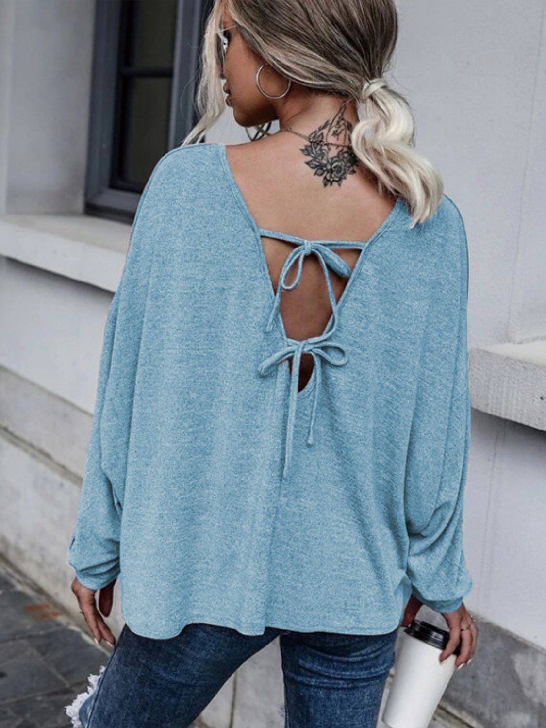 Light blue drop shoulder long sleeve T-shirt, back view