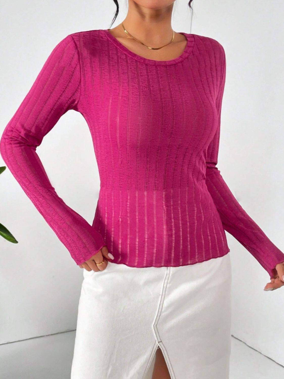 Pink round neck long sleeve t-shirt front view