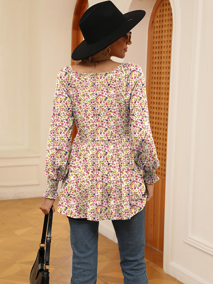 Printed V-Neck Lantern Sleeve Blouse