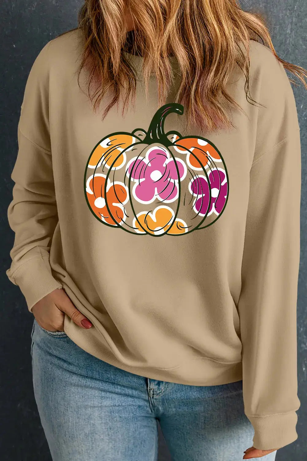 Plus size pumpkin graphic sweatshirt, front view