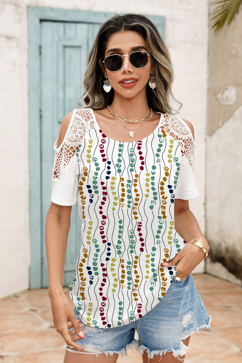 Shiny Lace Detail Round Neck Cold Shoulder Blouse