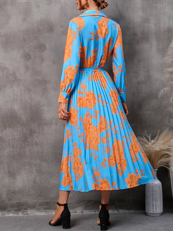 Casual all-match printed long-sleeved mid-length dress