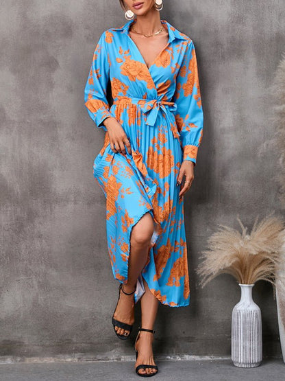 Casual all-match printed long-sleeved mid-length dress