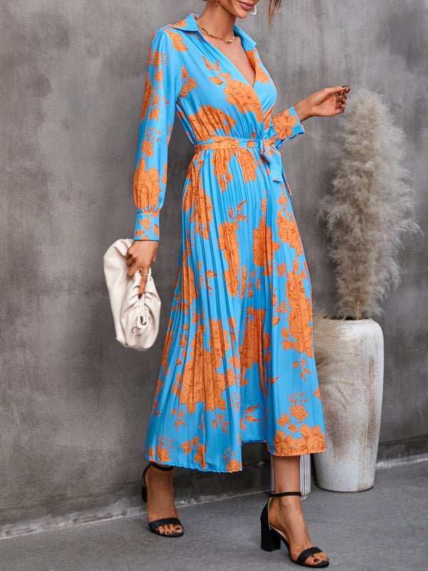 Casual all-match printed long-sleeved mid-length dress