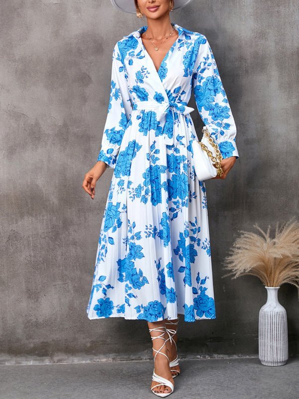 Casual all-match printed long-sleeved mid-length dress