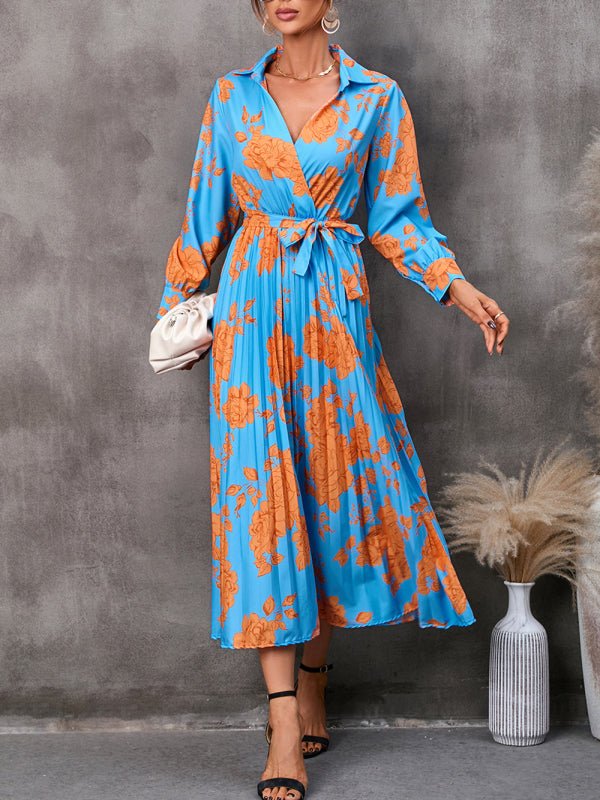 Casual all-match printed long-sleeved mid-length dress