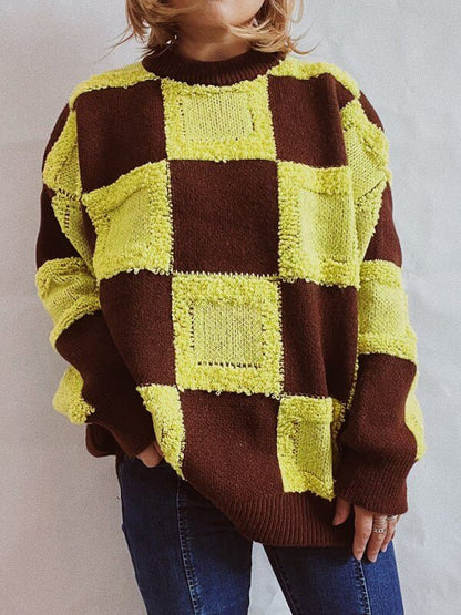 Casual Checkerboard Colorblock Crewneck Long Sleeve Sweater