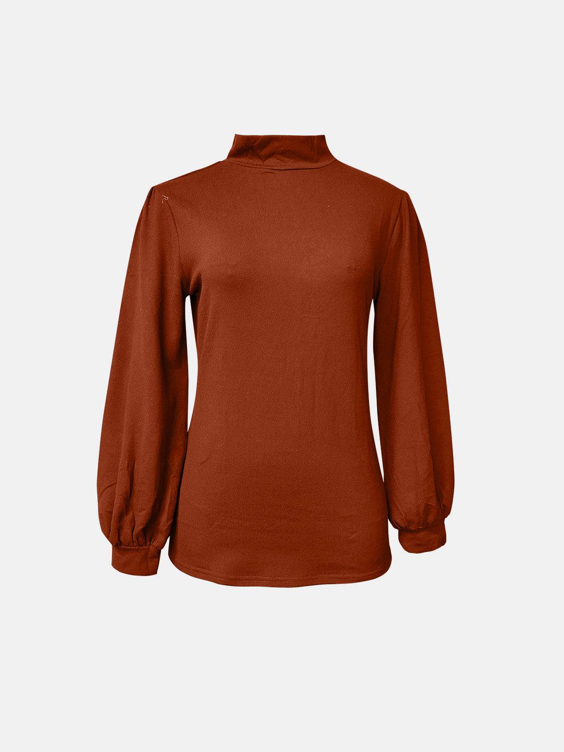 Orange full size mock neck long sleeve t-shirt, front view