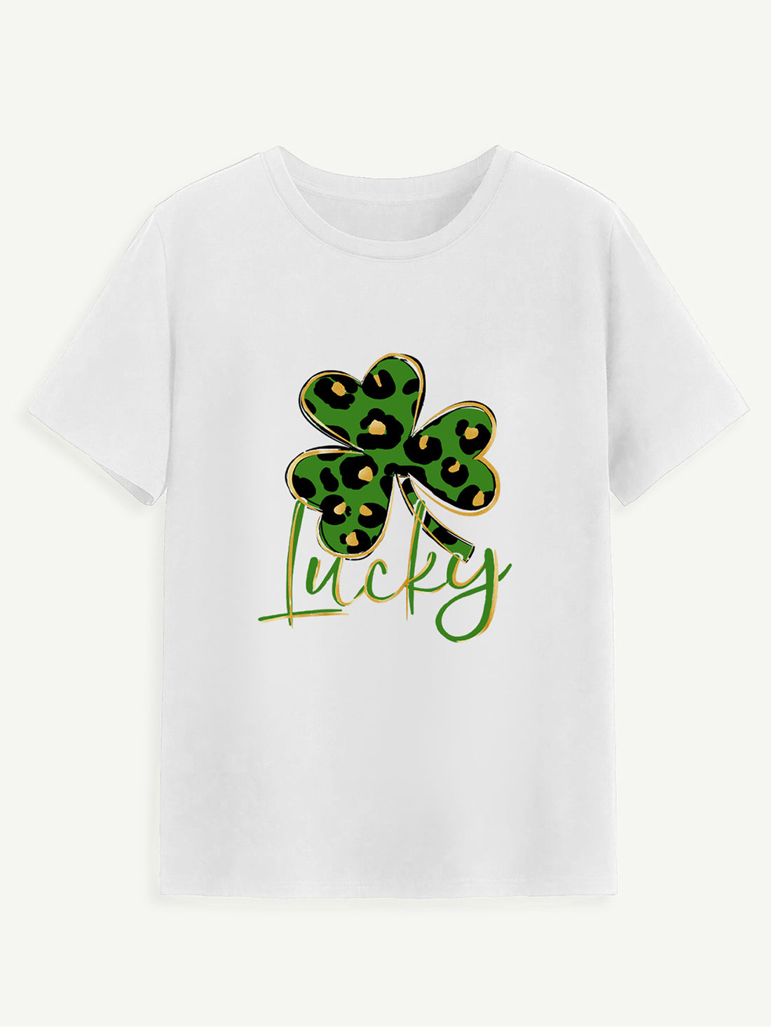 White Lucky Clover T-Shirt with leopard print design