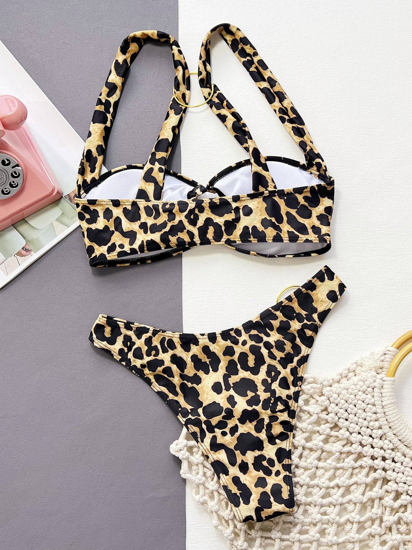 Back of leopard ring detail bikini set laid flat