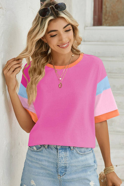 Pink color block t-shirt with denim shorts