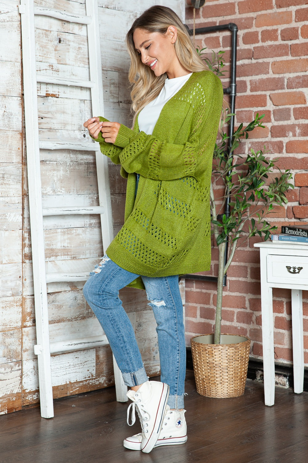 Openwork Open Front Long Sleeve Cardigan