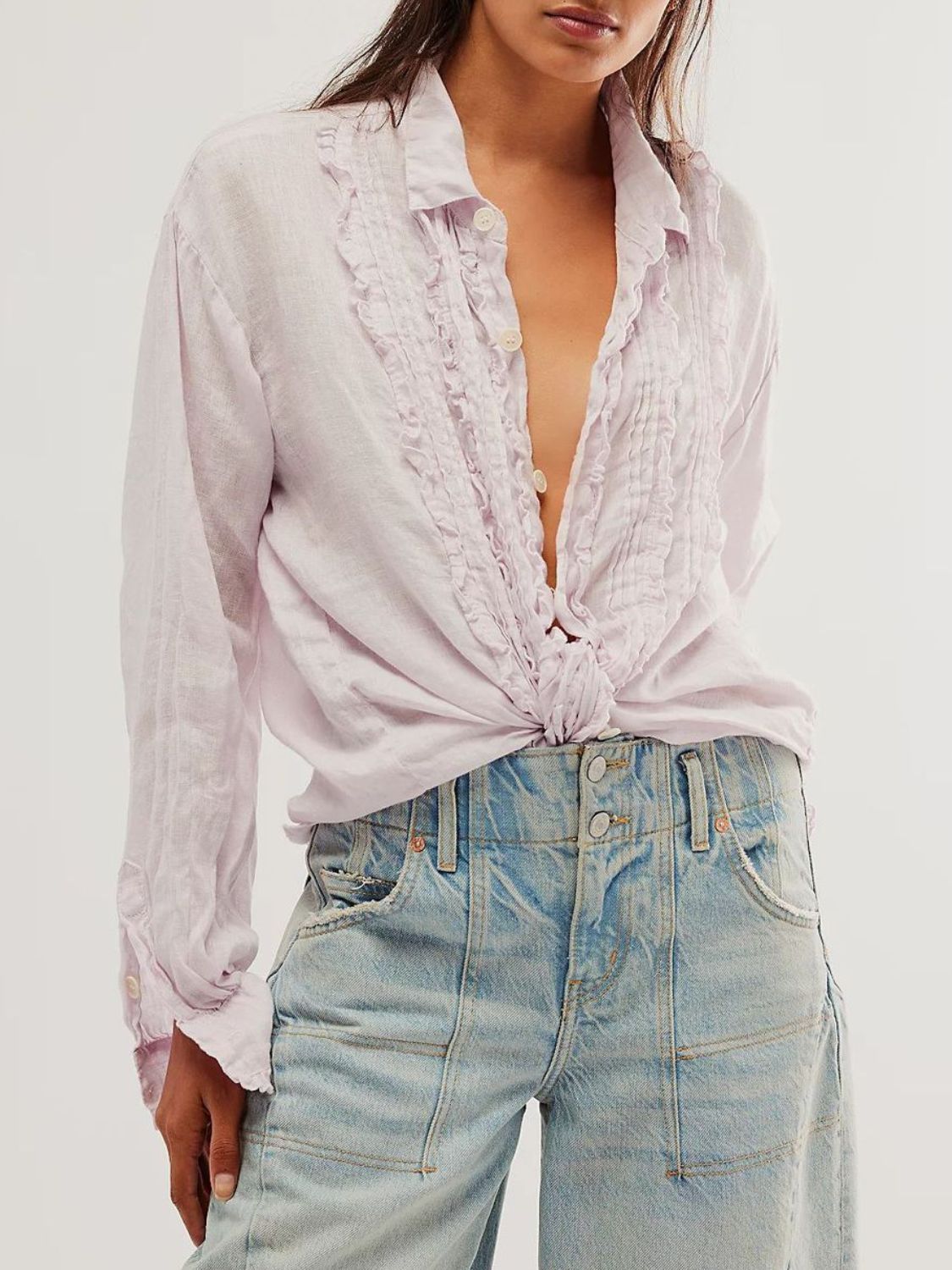 Frill Ruched Collared Neck Long Sleeve Shirt