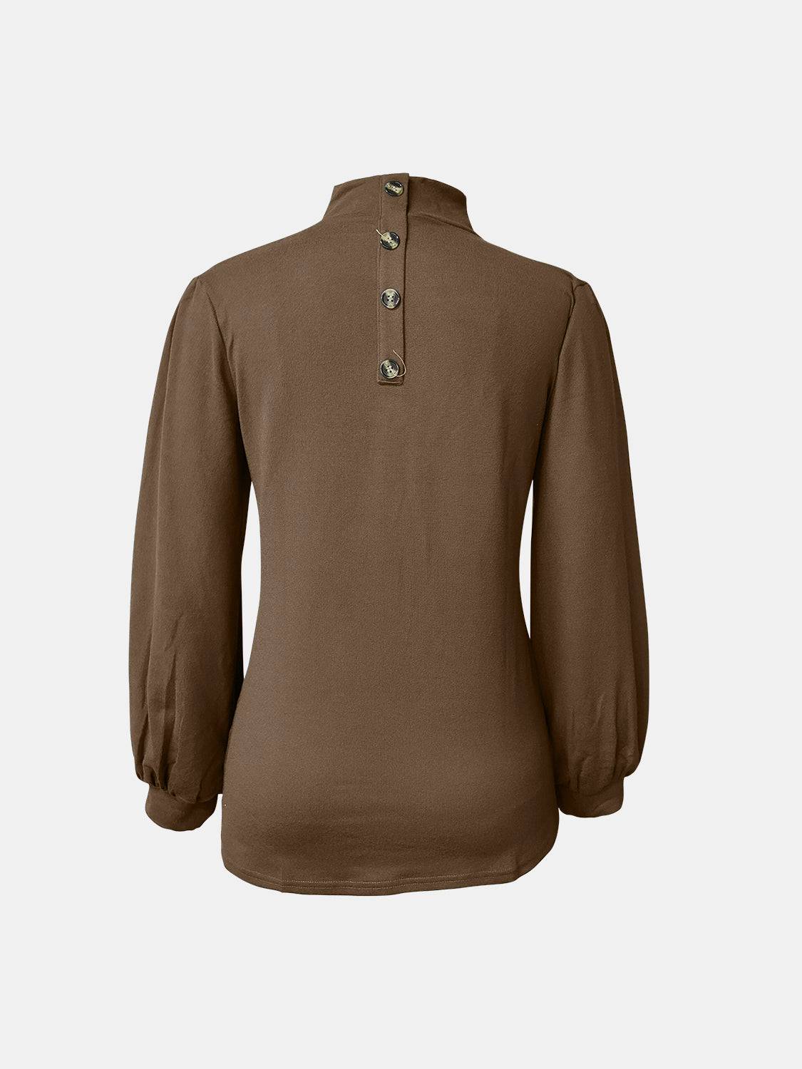 Brown full size mock neck long sleeve t-shirt, back view