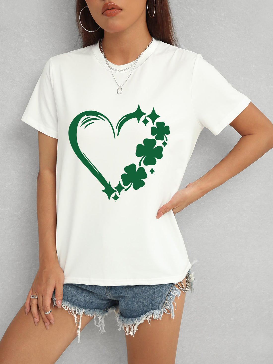 White Heart Lucky Clover T-Shirt styled with shorts