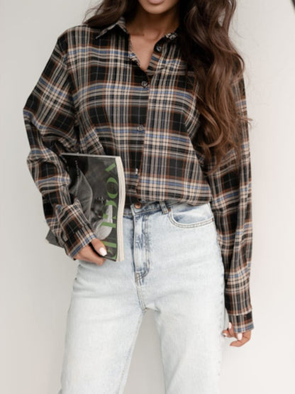 Plaid Collared Neck Long Sleeve Shirt