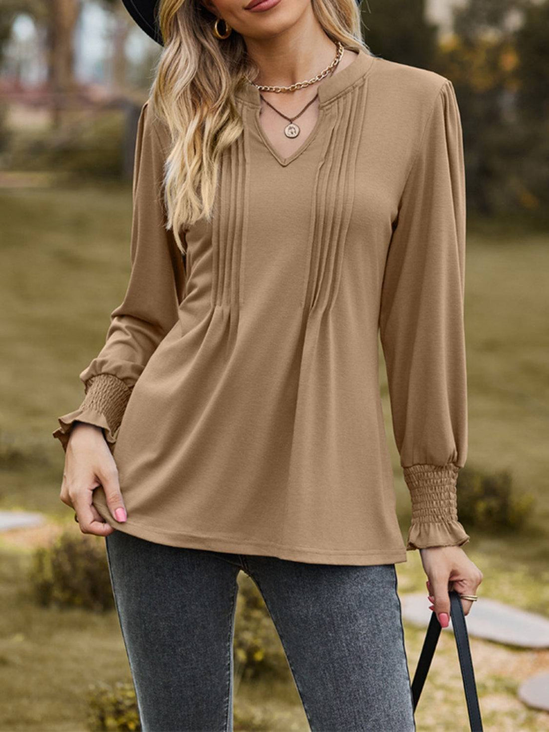 Beige ruched notched long sleeve T-shirt front view