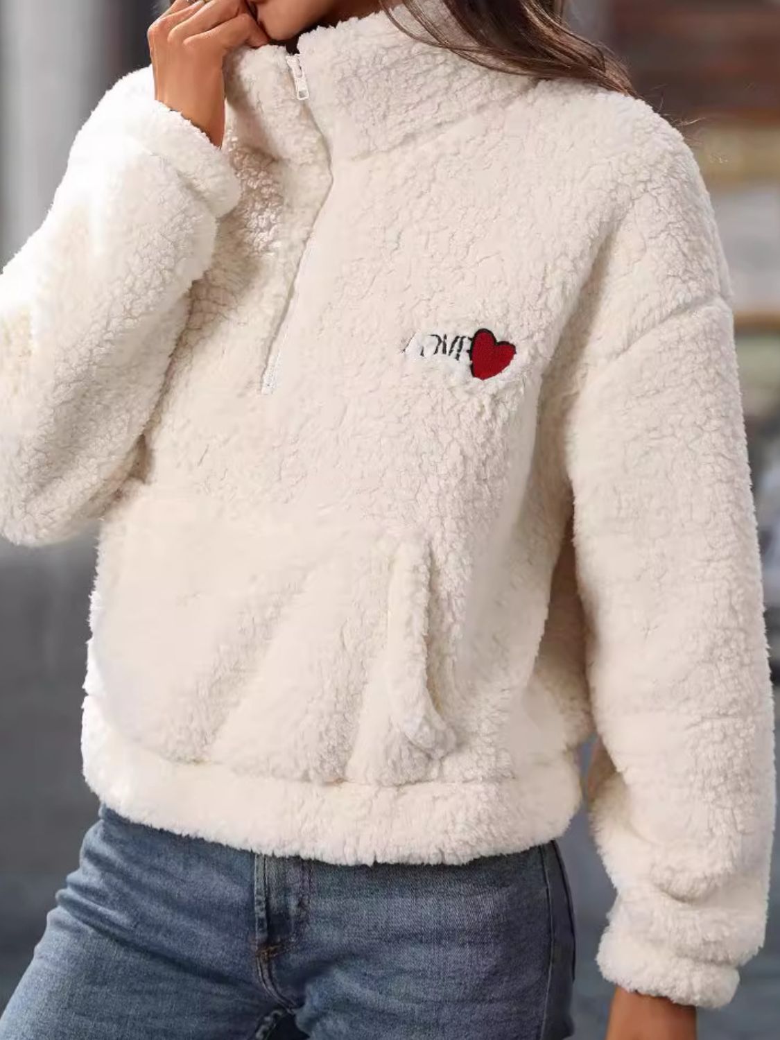 Heart Half Zip Long Sleeve Teddy Sweatshirt