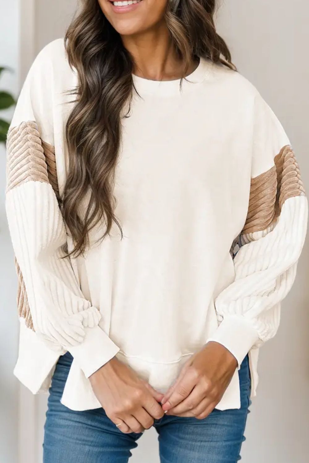 Slit Color Block Long Sleeve Sweatshirt