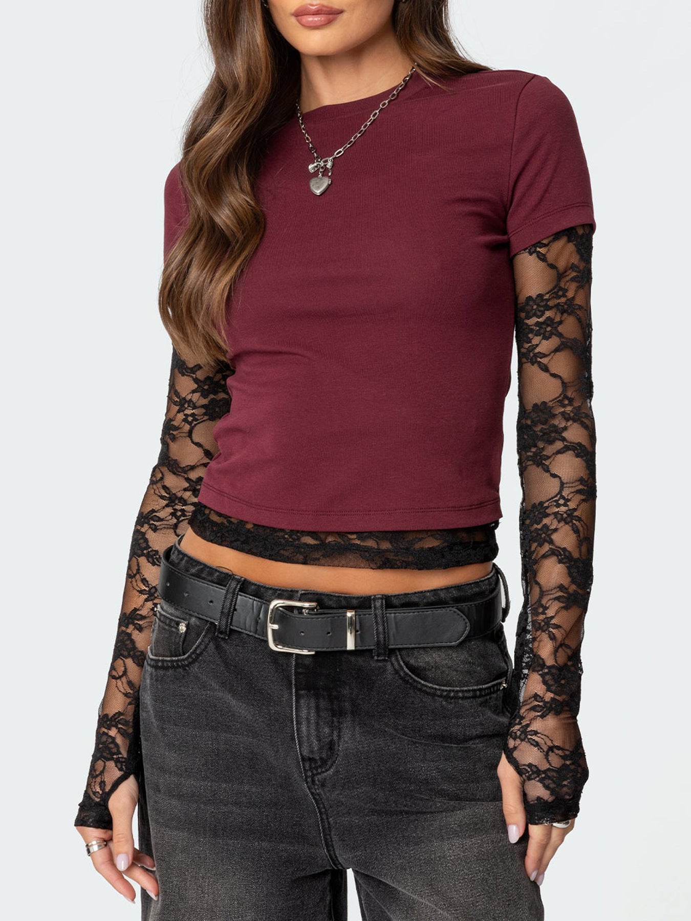 Lace Sleeve Fitted T-Shirt