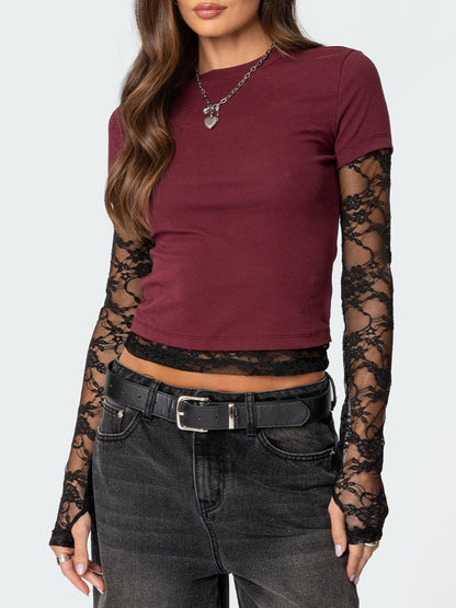 Lace Sleeve Fitted T-Shirt