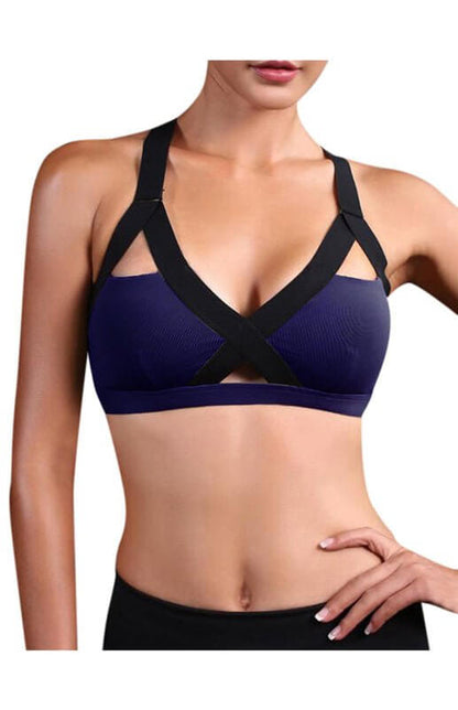 Soutien-gorge de sport élastique croisé sexy à contraste de couleurs 