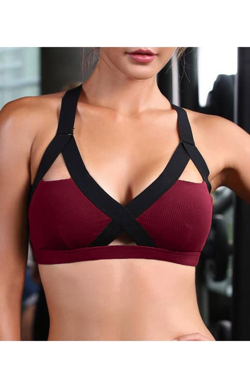 Soutien-gorge de sport élastique croisé sexy à contraste de couleurs 