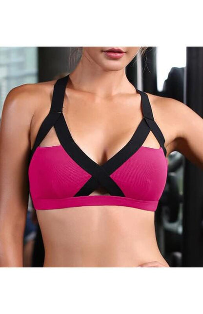 Soutien-gorge de sport élastique croisé sexy à contraste de couleurs 