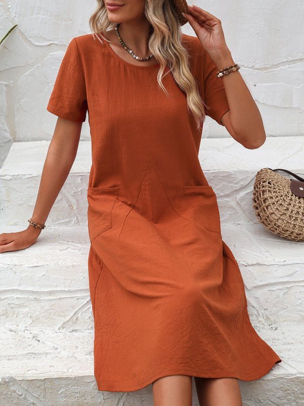 Einfarbiges, lockeres, kurzärmliges Kleid aus Baumwollleinen mit Rundhalsausschnitt 