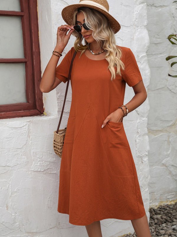 Cotton Linen Solid Color Loose Round Neck Short Sleeve Dress