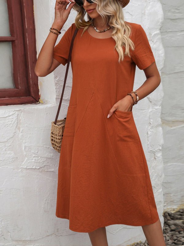 Cotton Linen Solid Color Loose Round Neck Short Sleeve Dress