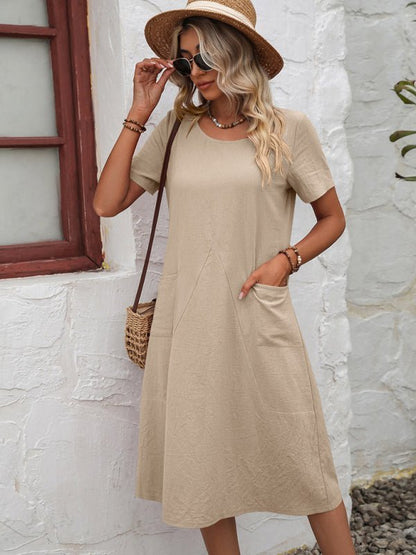 Cotton Linen Solid Color Loose Round Neck Short Sleeve Dress