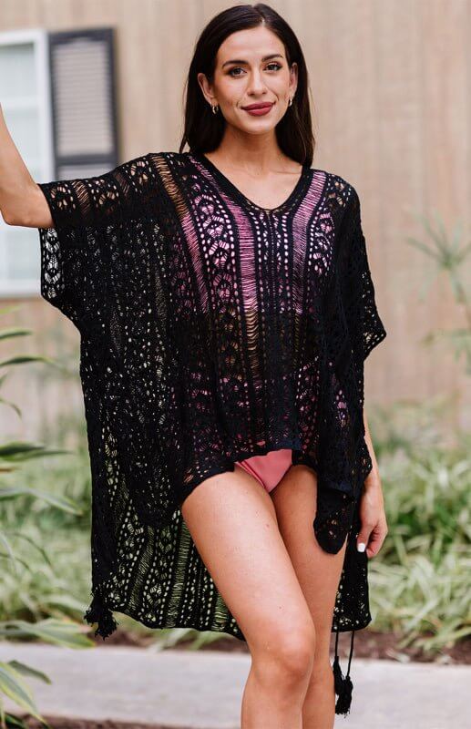 Crochet Knitted Tassel Tie Kimono Beachwear