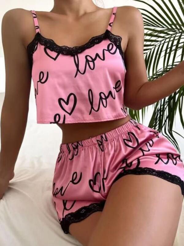 Cute Love Print Pajamas Homewear Fashion Lace Stitching Suspender Set