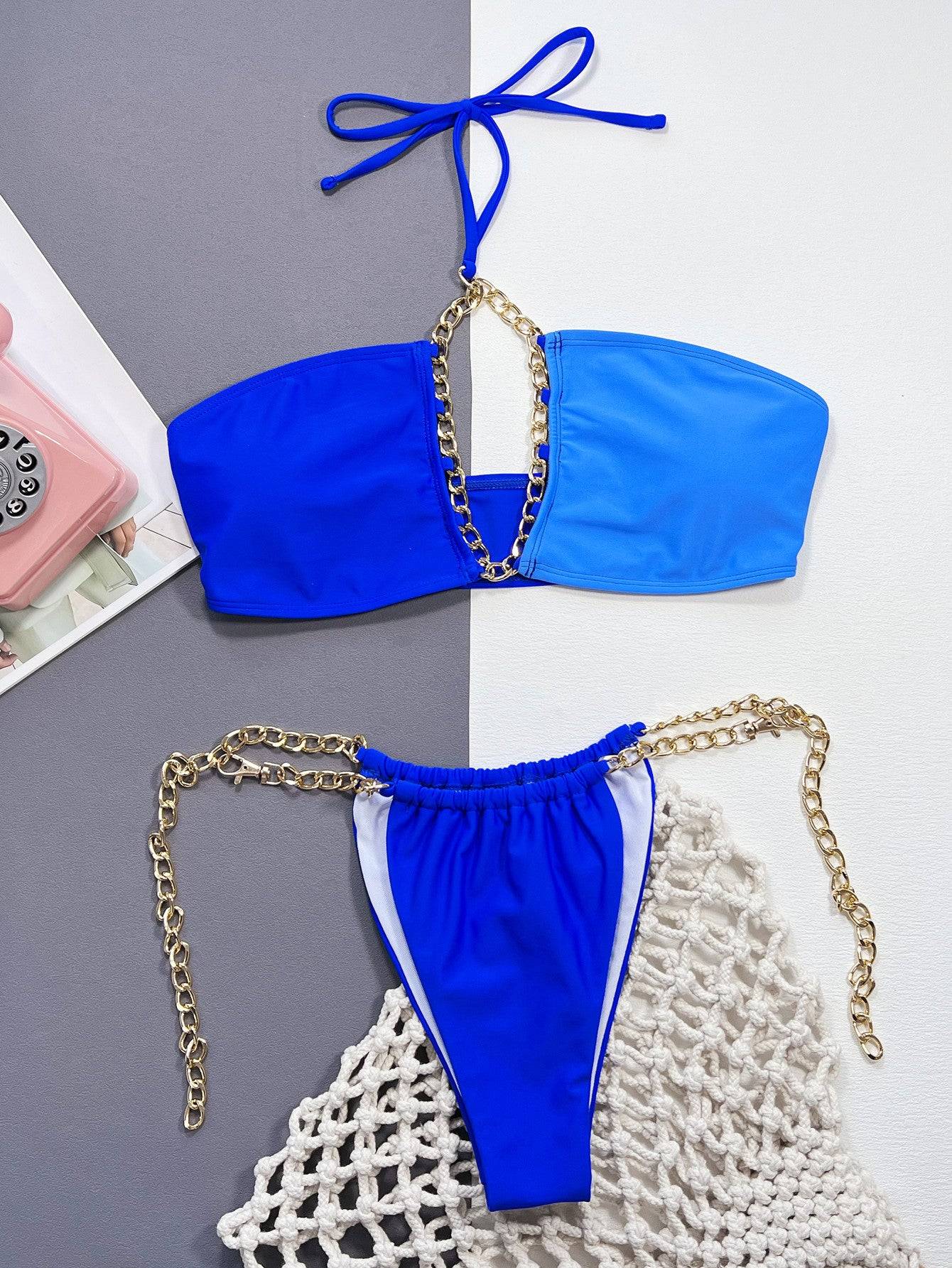 Front view of blue chain detail halter neck bikini set